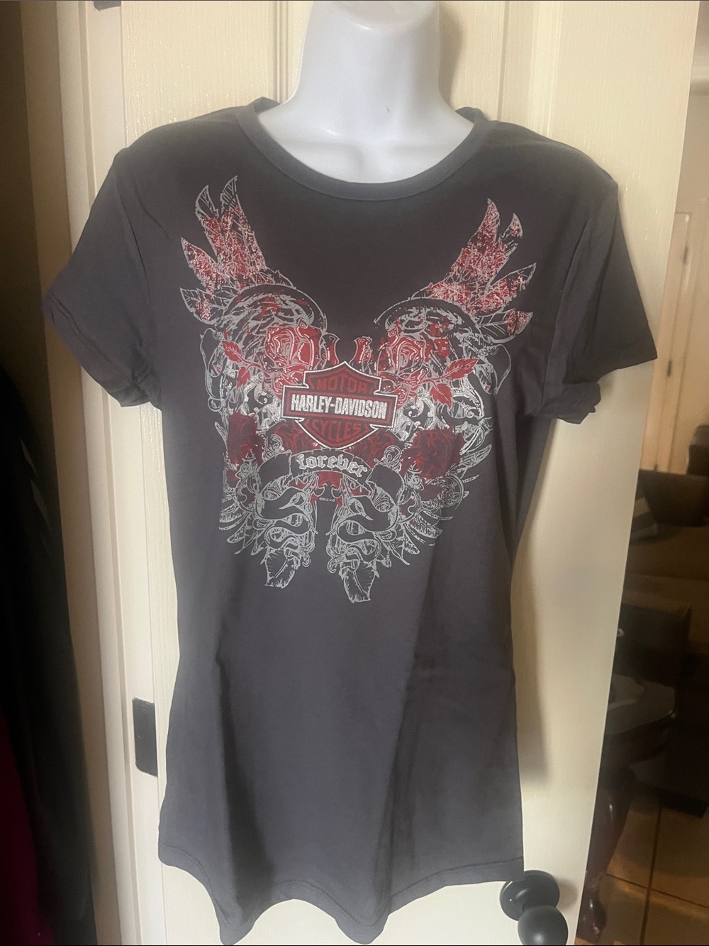 NWT- Harley-Davidson Women's Gray Tee with Red and White Winged Graphic